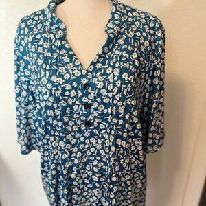 Hocosit Plus Sized Teal Floral Popover Blouse- Size XL